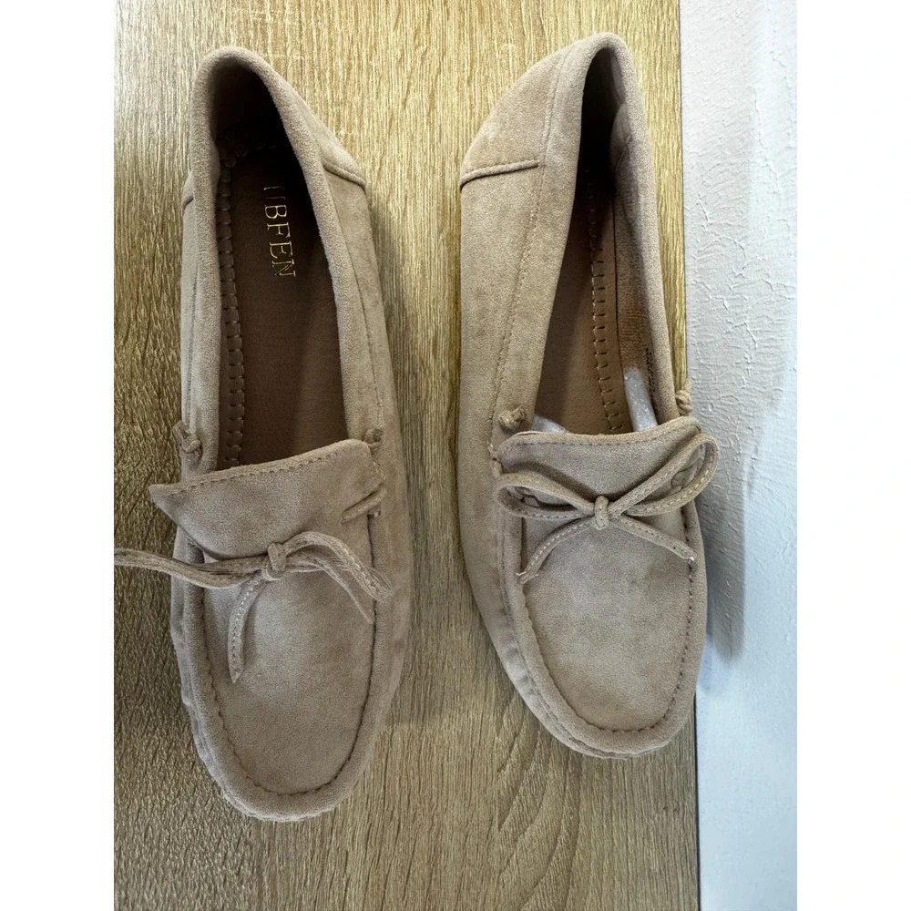 Sand Faux Suede Driving Moccasin Loafers Car Shoes Bow Slip On Flats NIB Sz 8